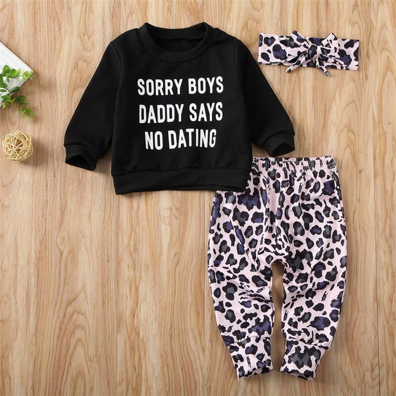 0-4Years 3Pcs Toddler Infant Baby Girl Clothes Top T-shirt Leopard Pants Cotton Outfit