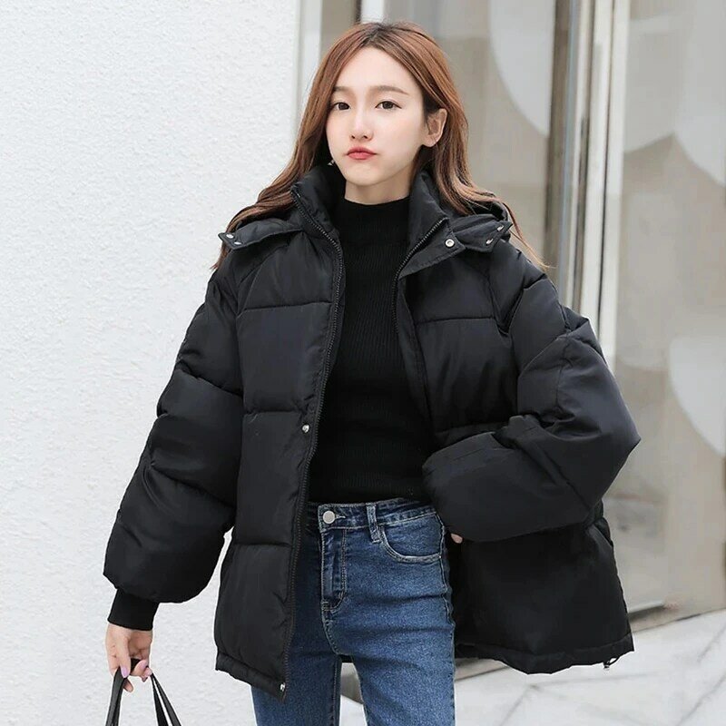 Jaket Musim Dingin Wanita Longgar Berkerudung Jaket Gaya Korea Wanita Mantel Bawah Wanita Berlapis Pendek