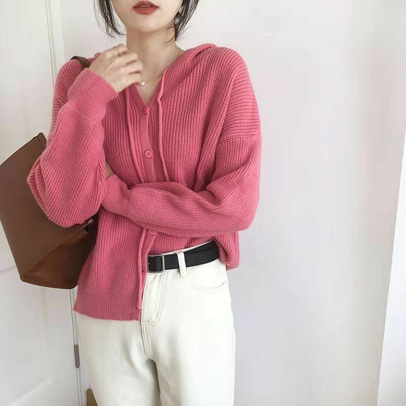 Suéter de punto con capucha para mujer, Rebeca holgada de Color puro, estilo coreano, venta al por mayor, otoño e invierno, 2022