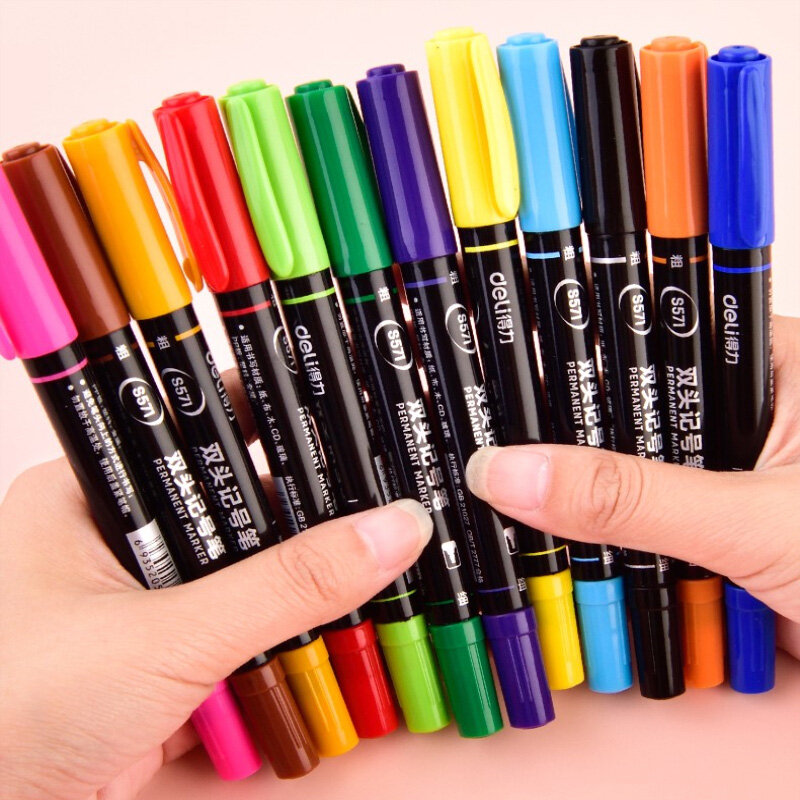 S357 12 لون مزدوج الرأس قلم ملون مجموعة الجملة غير يتلاشى مقاوم للماء للأطفال رسم قلم جاف للرسم العمل