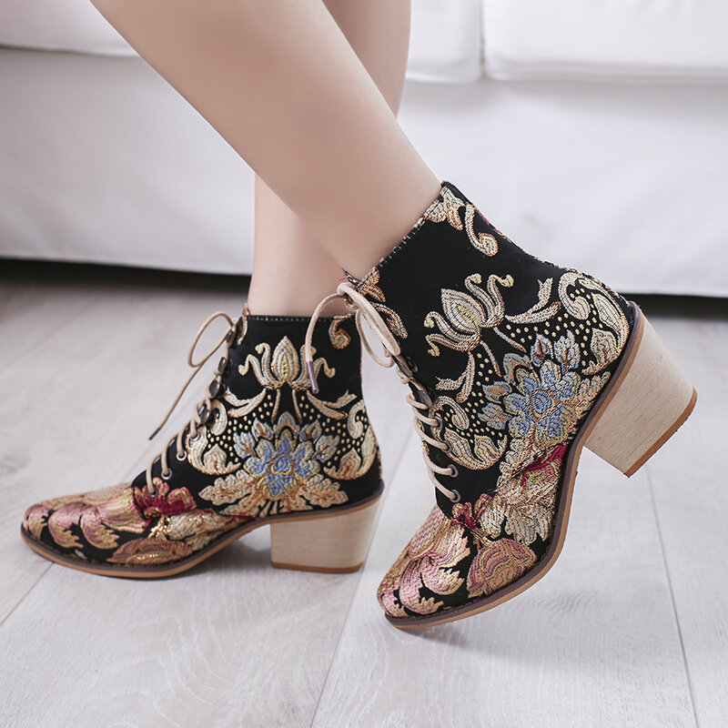 Sznurowane buty ocieplane kobiety szpiczasty nosek buty kwiatowe skóra z mikrofibry botki damskie Botines luksusowe Botas Mujer wygodne