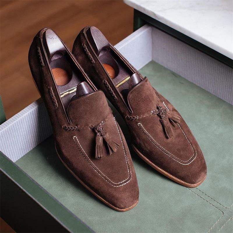 Men's Handmade Solid Color Suede Classic Tassel Woven Pointed Toe Low-heel Comfortable Fashion Casual All-match Loafers YX097