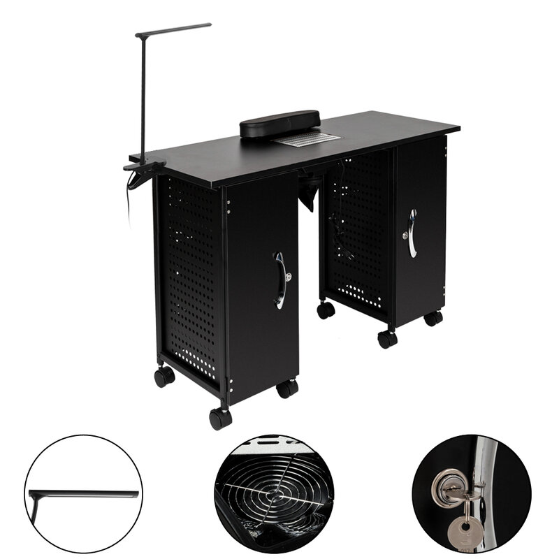 【US Warehouse】Iron Manicure Station Large Table with LED Lamp & Arm Rest Salon Spa Nail Equipment Black  Drop Shipping USA