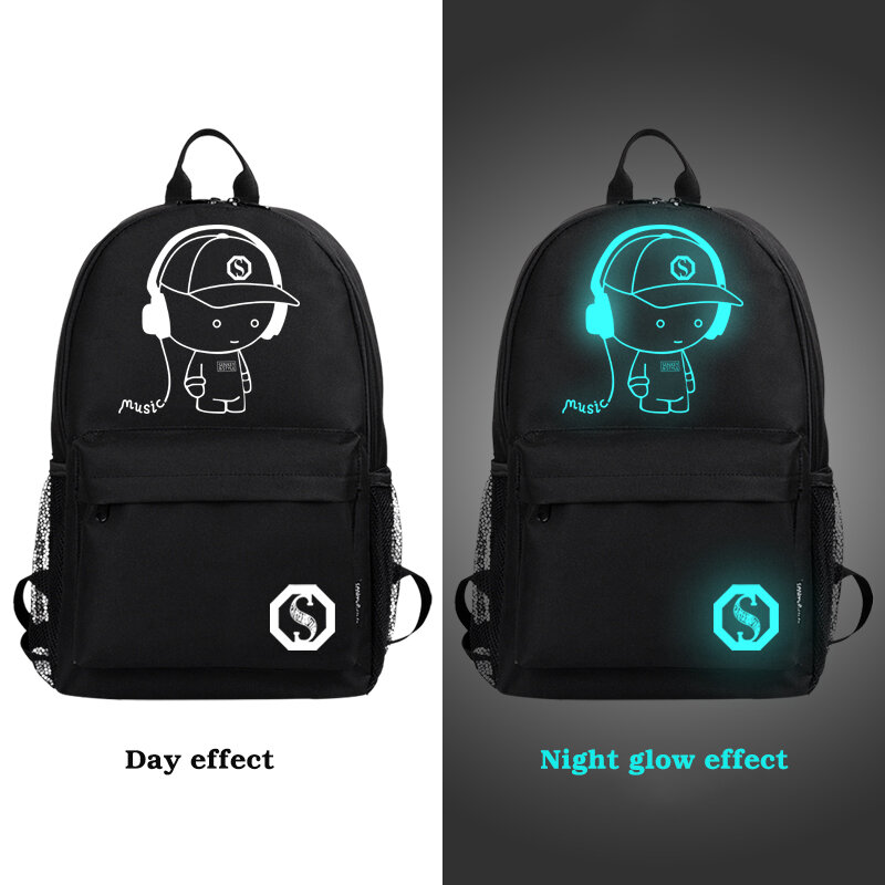 Novo saco de escola estudante mochila anime luminoso para o menino meninas daypack multifunções porta carregamento usb e bloqueio saco escolar preto