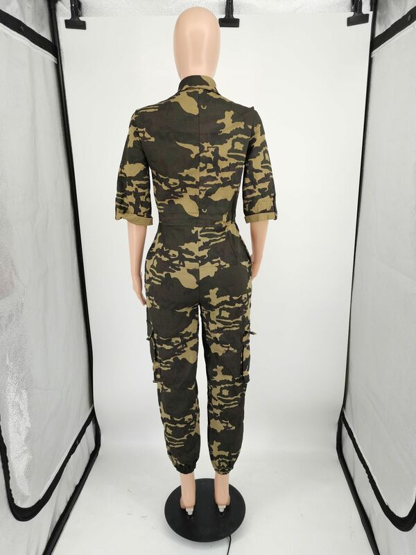 Camouflage Jumpsuit Women Sutumn Zipper Long Tight Waist Cargo Pants Overalls Half Sleeve Turn Down Collar Rompers Streetwear