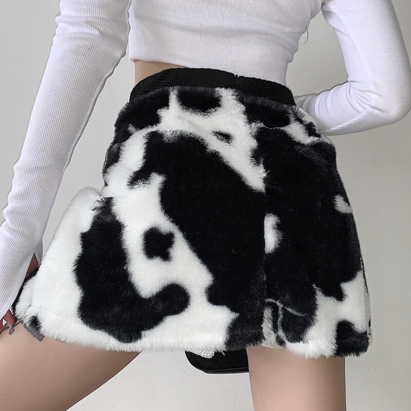 Ins saia preto e branco contraste cor padrão de vaca influxo de saias femininas outono e inverno cintura alta fina peluda a-line sk
