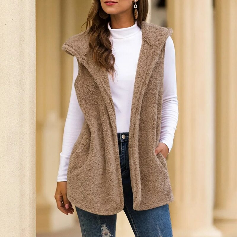 Fluffly casaco de pelúcia vintage, casaco com capuz, jaqueta quente sem mangas, moda feminina, outono inverno