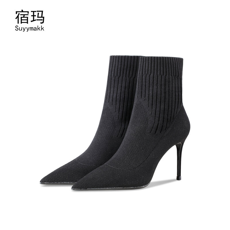 Bottines tricotées extensibles à bout pointu et à talons hauts pour femme, chaussures d'hiver Sexy à la mode, 6/8cm, nouvelle collection 2021