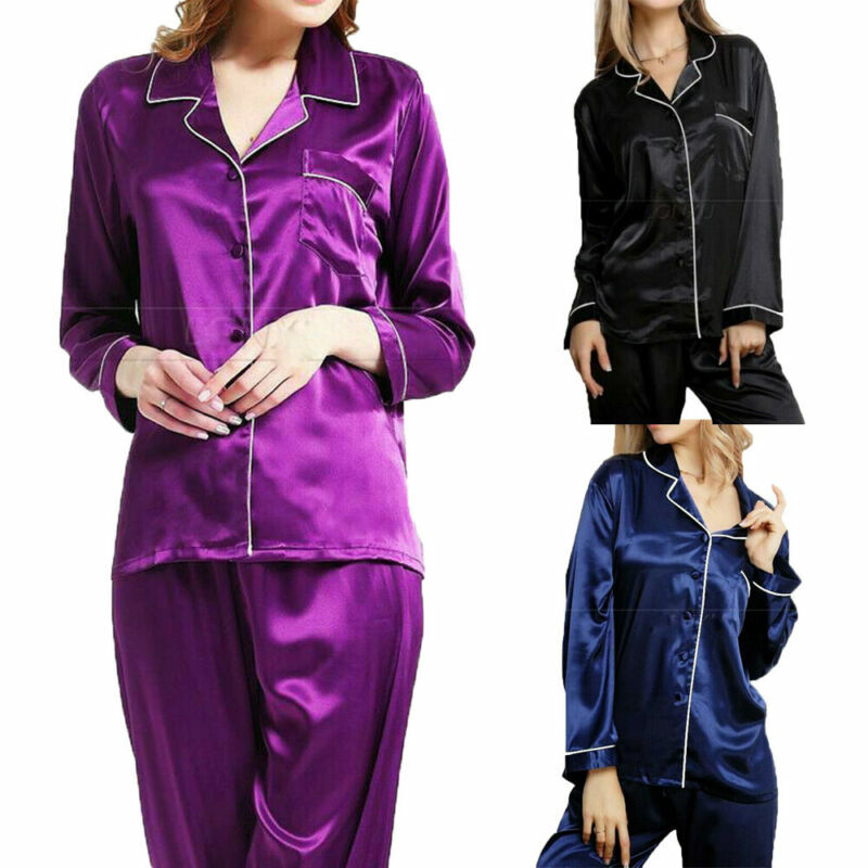 Frauen Nachtwäsche Satin Pyjamas Sets Langarm Herbst Nachtwäsche Faux Silk Pyjamas Anzug Nachtwäsche Loungewear Homewear