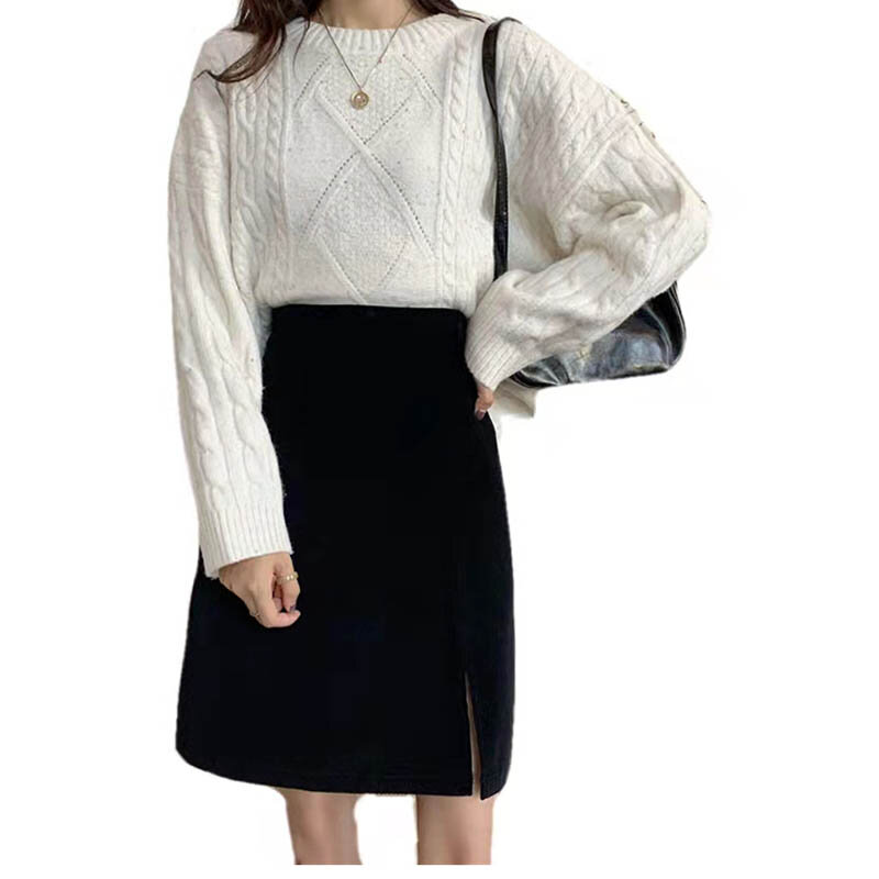 21 outono e inverno nova moda veludo de cintura alta a-line all-match cor sólida hip-envolvido na altura do joelho saia roupas femininas