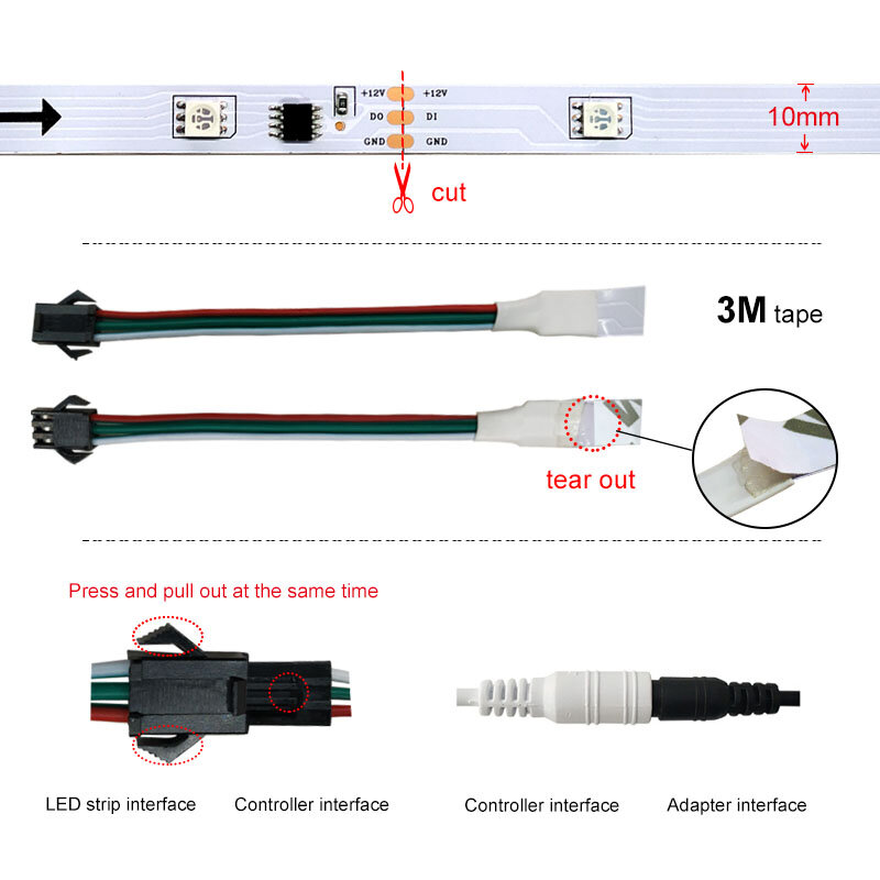 Lampu LED DC 12V Strip Led RGB Impian Bluetooth Adaptor Pengontrol Pita Lampu Pintar Fleksibel Dapat Tersambung Secara Individu