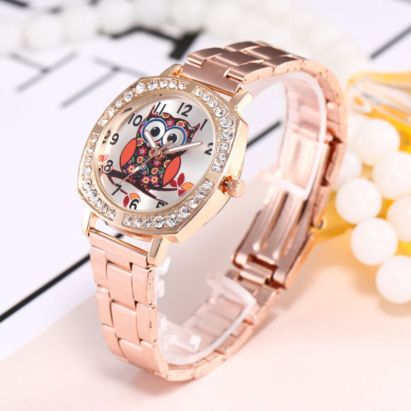 Relógio com pulseira de coruja feminino, pulseira de aço quadrada quartz