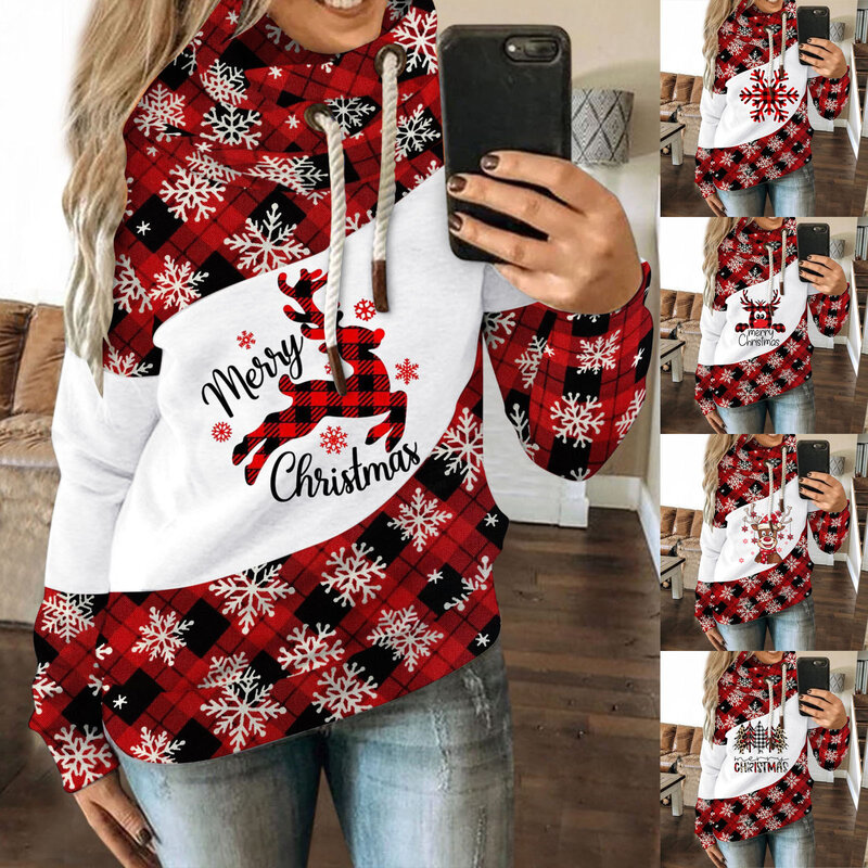 Hoodie Kasual Wanita Hoodie Sweatshirt Lengan Panjang Sambungan Kontras Cetak Natal Antik Atasan Tali Baju Musim Dingin L * 5