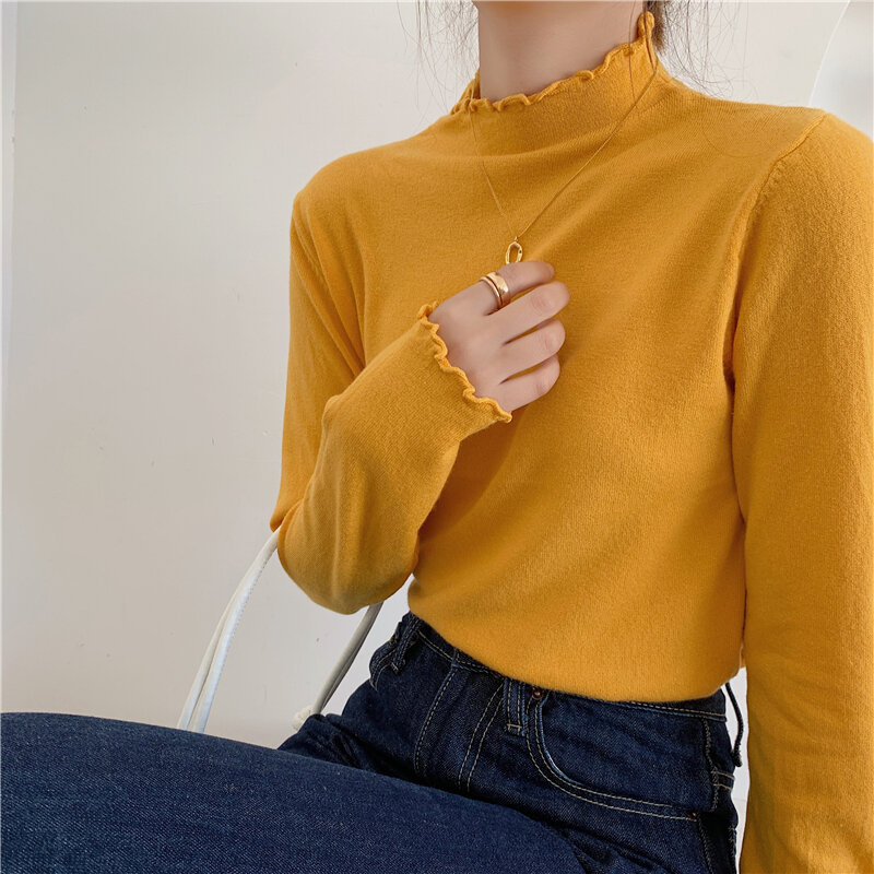 8 opções de cores blusas femininas tamanho livre outono manga longa fina gola alta estiramento camisola de malha pulôver topos 175 #