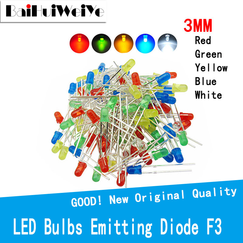 100 sztuk/partia przezroczyste okrągłe 3mm Super jasne wody jasnozielony czerwony biały żółty niebieski żarówki LED emitujące diody F3 3MM