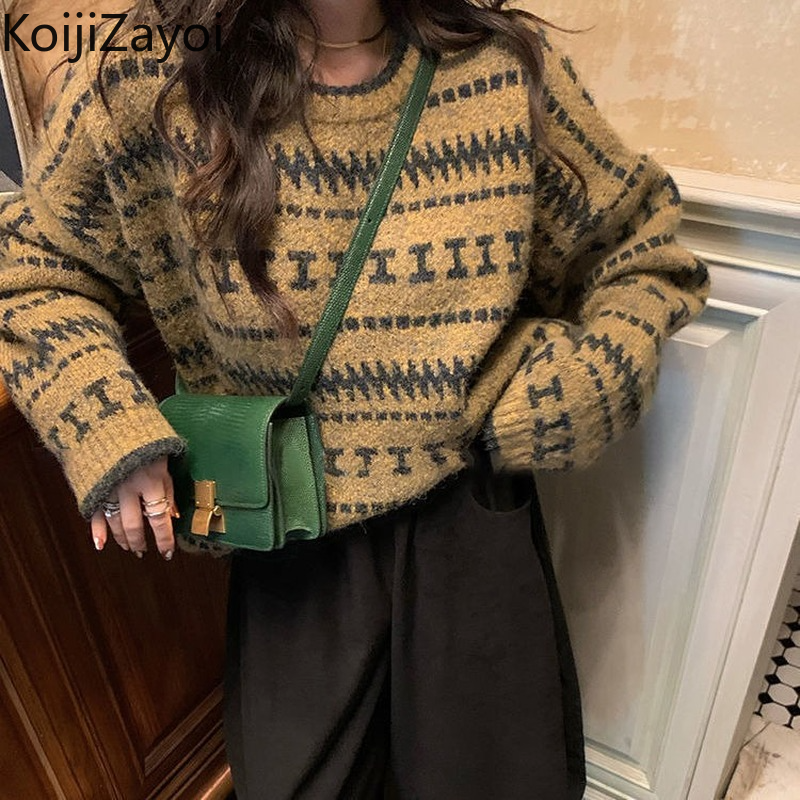 Koijizayoi Vintage kobiety ciepłe swetry z długim rękawem O Neck moda jesień zima znosić swetry Chic koreański ciepłe swetry