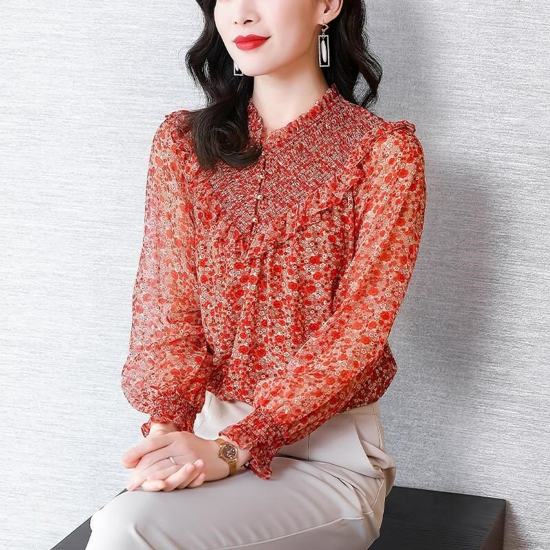 2021 estate nuova moda esotico orecchio di legno camicia floreale femminile manica lunga camicia in chiffon top femminile