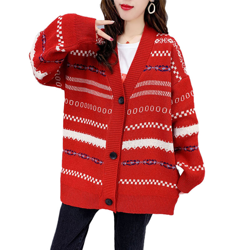 Женский жаккардовый кардиган с V-образным вырезом, свободный трикотажный жаккардовый свитер в западном стиле, весна 2021