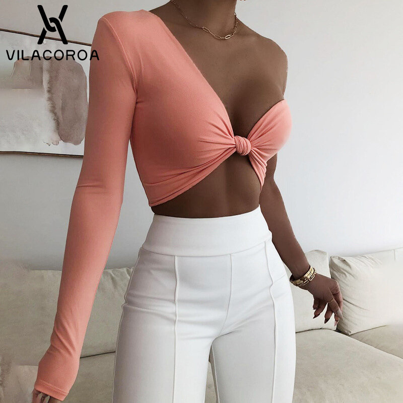 Pink One-Shoulder Sexy Backless T-Shirt Knotted Stitching Wrapped Chest Crop Tops High Street Skinny Tee-Shirt Female Clothing