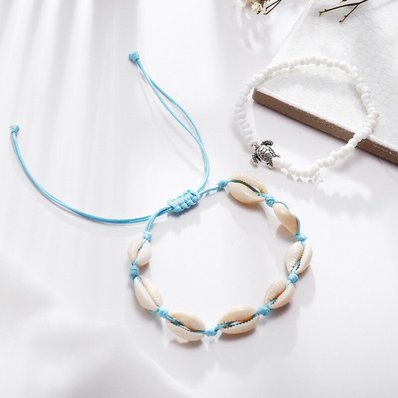 Bracelets de cheville rétro pour femmes, ensemble de 2 pièces de perles en coquillage de tortue de mer, Push-pull, bijoux de pied d'été de plage
