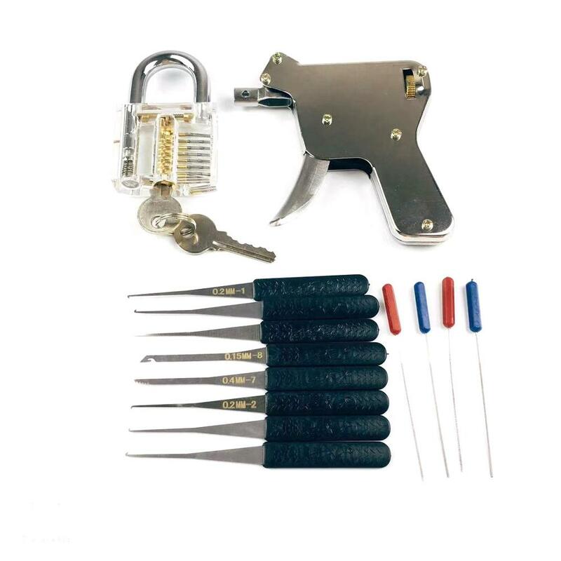 New Locksmith Tools,Lock Gun with Transparent Practice Locks Broken Key Extractor Pick Tool ,Great Lock Pick Practice Set