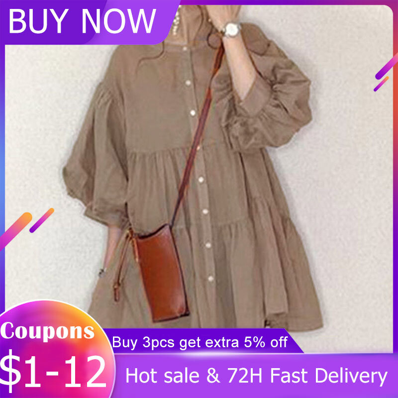 Blusa fina babados para as mulheres botão a linha coréia estilo japonês puff manga topos feminino oversized primavera camisa vestido senhoras