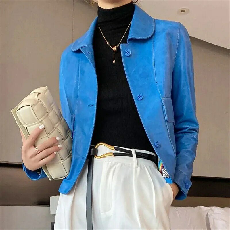 Женская винтажная кожаная куртка, стильная синяя куртка из искусственной кожи с двумя карманами, весна-осень 2022