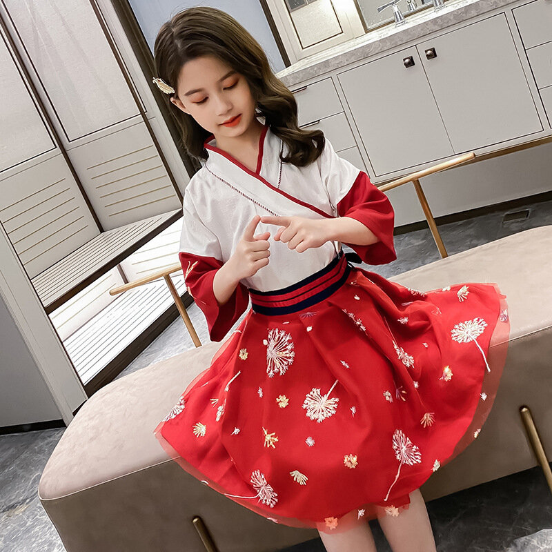 Ханьфу для девочек летние платья, китайский Стиль детская старинные платья, в стиле эпохи Тан костюм летнее платье с узором в Antiquities' юбки
