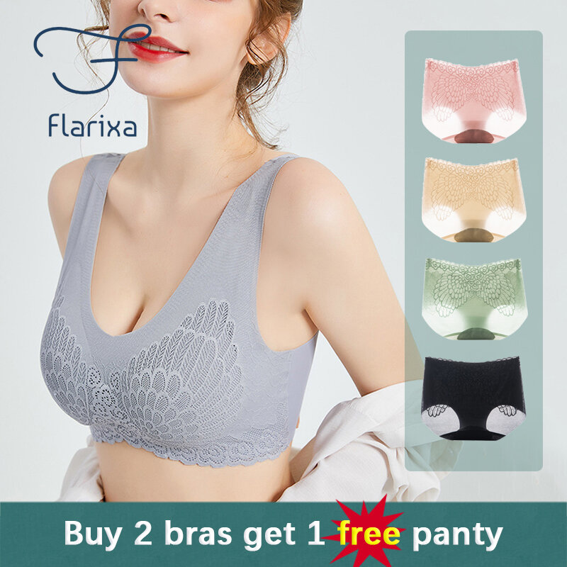 Flarixa 2PCS Plus Size Seamless Women's Bra Set Sexy Lace Lingerie Without Underwire Soft Close Fitting Underwear Free Panties