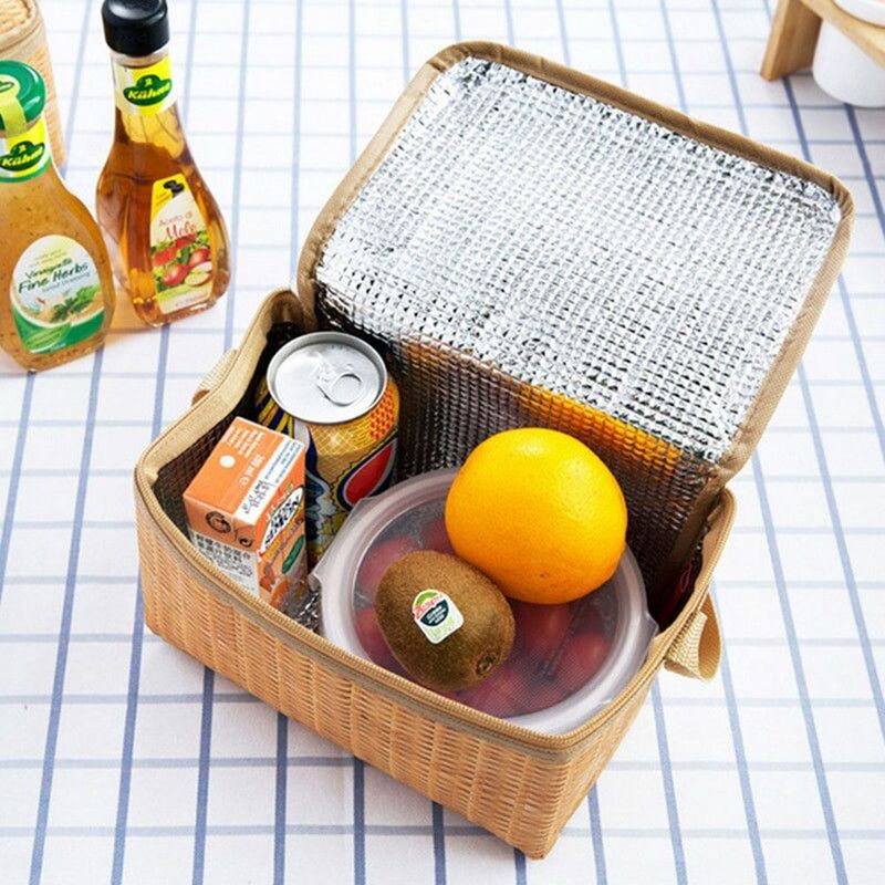 ISKYBOB 1PCS New Thermal Insulated Lunch Box Portable Insulated Thermal Cooler Lunch Box Canvas Imitation Rattan Lunch Bag