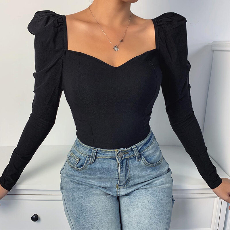 LTPH Korean tops 2021 spring autumn vintage women shirts Hot Sale solid puff sleeve square sexy small V-neck Slim blouse Trends