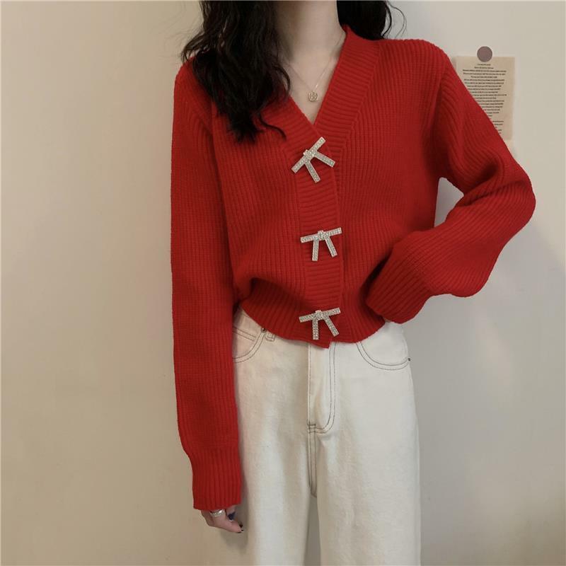 Female Red Knitted Cardigan Sweet Bow Button V Neck Solid Color Long Sleeves Loose Tops Wholesale New Elegant Women Clothes