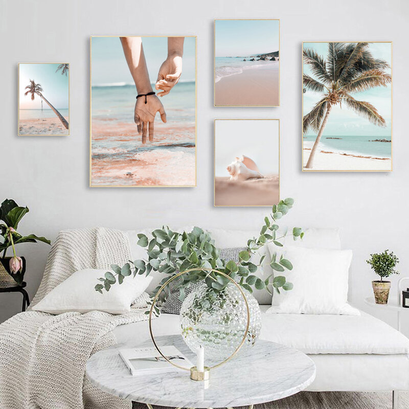 Toile d'art mural de plage, balançoire de conque, cocotier, Yacht, calme, affiches et imprimés nordiques, images murales pour décoration de salon