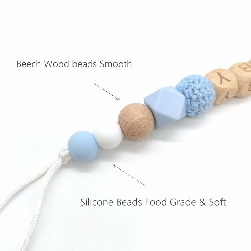 Cadena de chupetes personalizada con nombre, cuentas de silicona sin BPA, de madera natural, soporte para mordedor de bebé