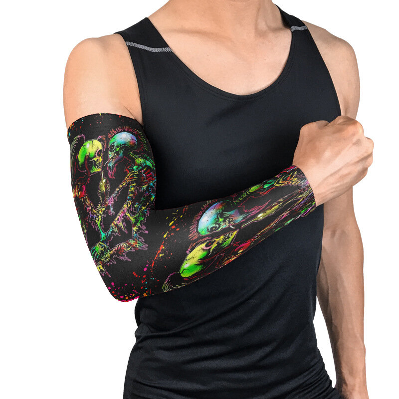 여름 남자 해골 인쇄 커 프 스 커버 야외 사이클링 Unisex 패션에 대 한 태양 슬리브 실행 멋진 문신 압축 팔 따뜻하게