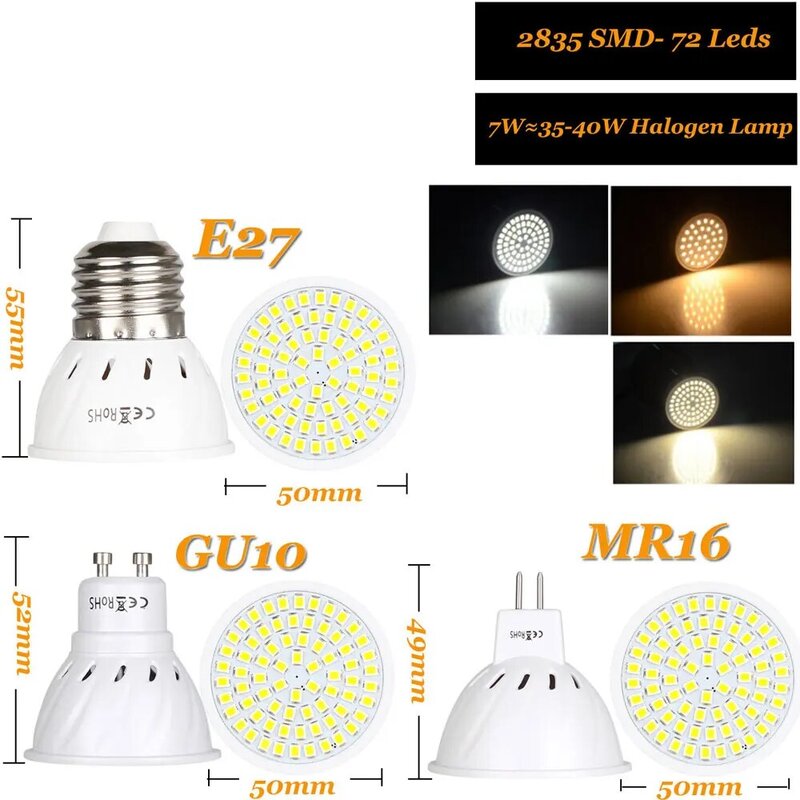 Lâmpada led de diodo, e27, mr16, gu10, com ampola de 220v, 36, 54 e 72 leds, smd 2835, chip alto lúmens, sem cintilação, 4w, 6w, 8w