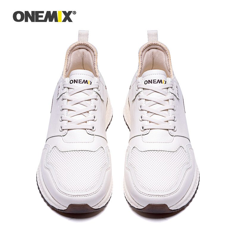 Onemix 2020 Pria Sepatu Kasual Kulit Permukaan Bernapas Mesh Sneaker Klasik Sepatu Off Putih Tinggi Meningkatkan Wanita Sepatu