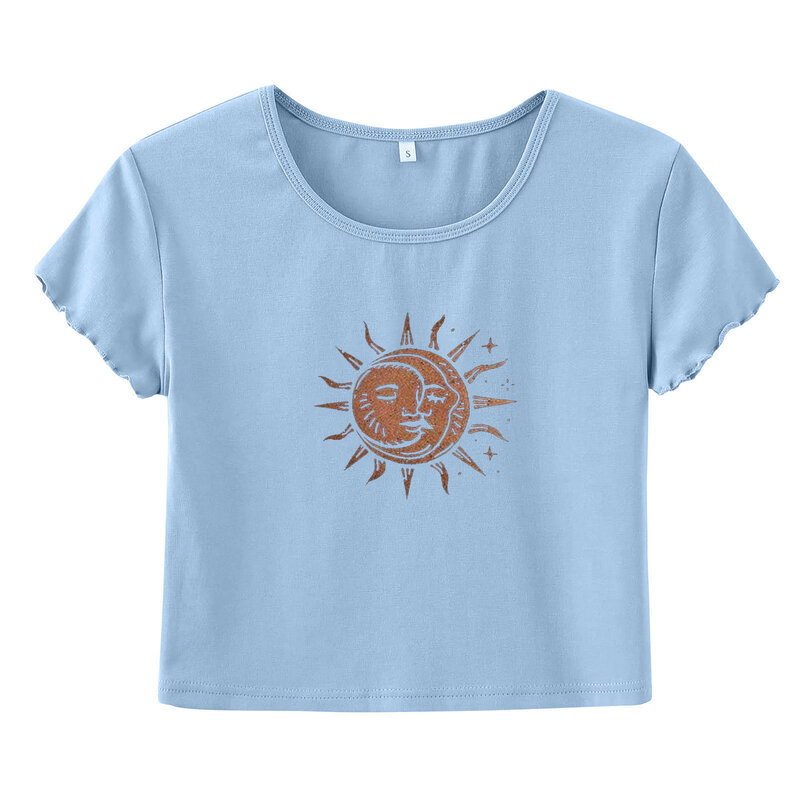 Moda Sexy de mujer 2021 sol de verano estampado de Luna ombligo camiseta manga corta Camiseta Top de cuello redondo