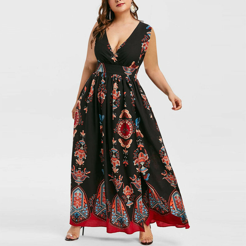 Plus Größe Mode Frauen Maxi Kleid Schmetterling Gedruckt V-ausschnitt Ärmellose Beiläufige Lange Kleid Neue Große Größe Casual Strand Kleider