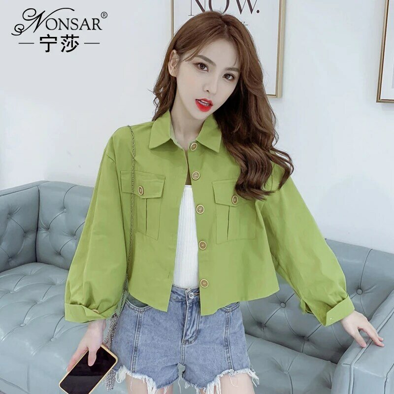 Ningsha 2020 Spring New Fresh Avocado Green Polo Collar elegante Top Fashion cappotto manica lunga corta per donna
