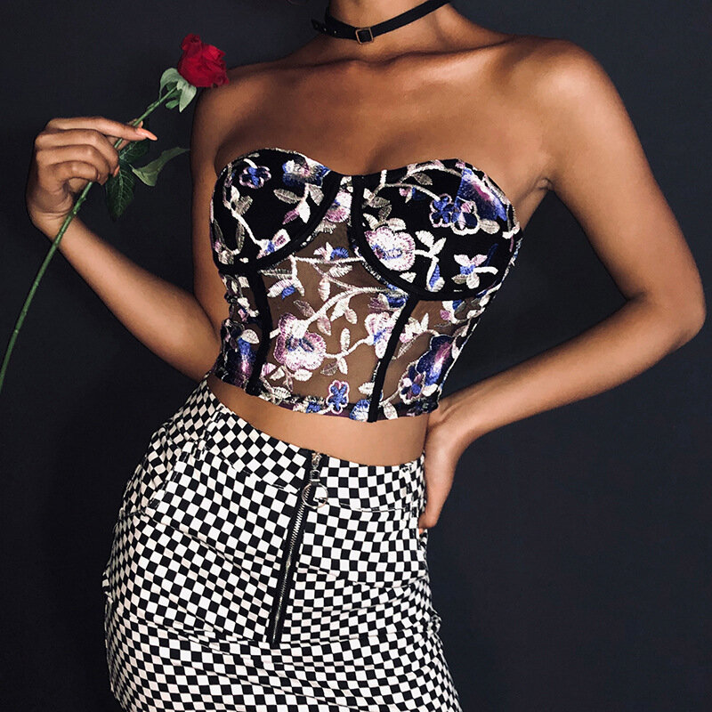 UETEEY kwiatowy haft koronki siatki czarny Sexy krótki Top kobiety odzież klubowa gorset bielizna podkoszulki lato 2021