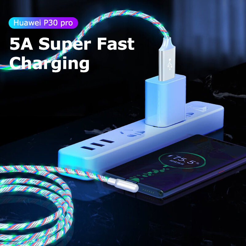 Cable de carga rápida para Samsung, Huawei, Micro USB tipo C, flujo luminoso, iluminación LED, Cable de datos, 1m/2m, 5A, codo, 90 grados