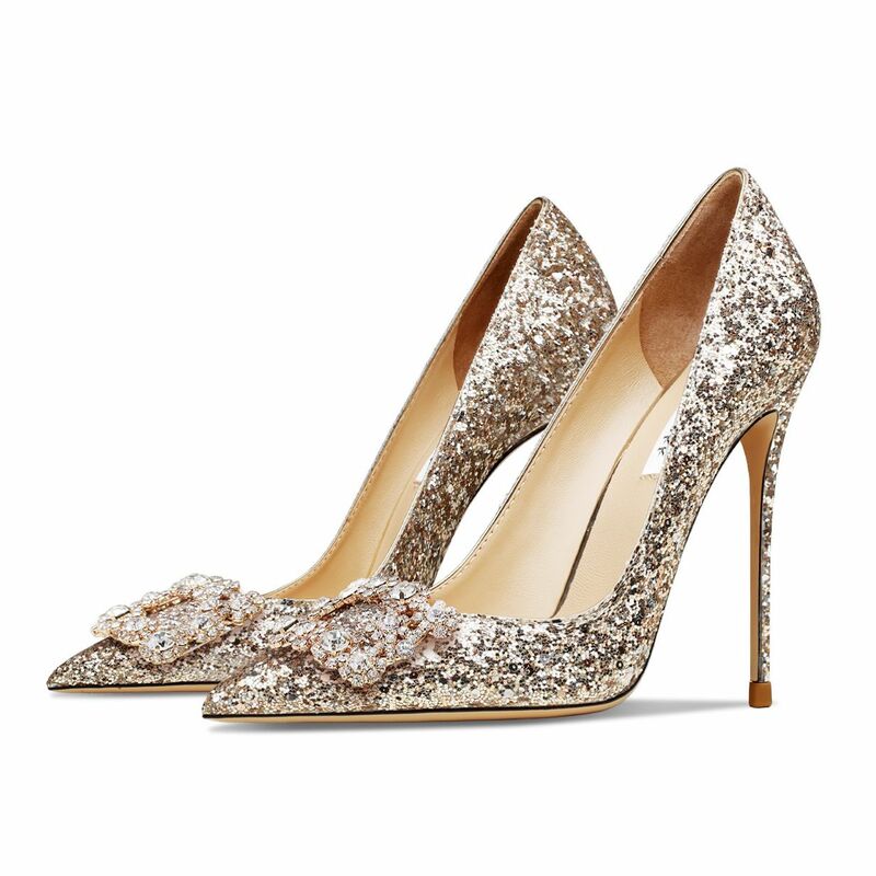2022 nowa wiosna prawdziwej skóry Rhinestone szpiczasty nosek pompy kryształowe buty na obcasie 6cm 10cm płytkie buty ślubne moda