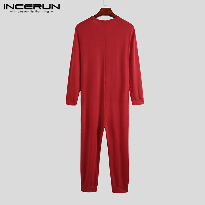Incerun macacão masculino de manga longa, pijama confortável para homens, roupa de dormir, cor sólida, com botão