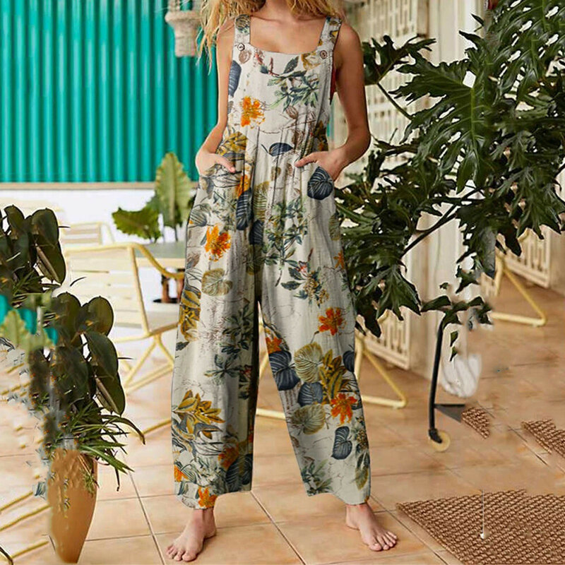 Verão boêmio macacão feminino elegância moda elegante paisagem floral impresso bolso botão camisola macacões outfits