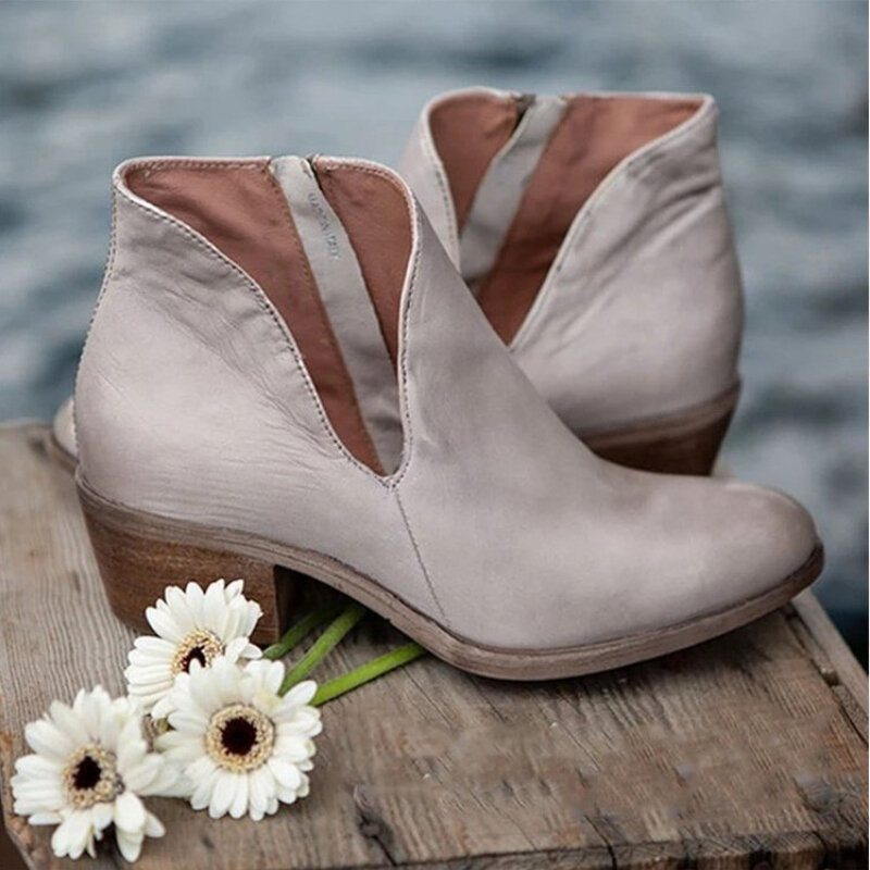 Jesień i zima w nowym stylu kwadratowy obcas krótkie buty boczny zamek błyskawiczny w kształcie litery V projekt i botki gruby obcas PU kobiet buty KZ061