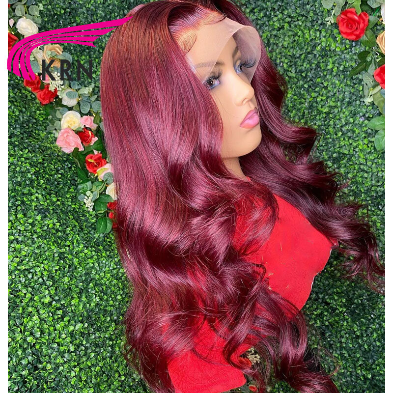 KRN 99J красный бордовый 180% Плотность Remy бразильские человеческие волосы с ребенком волнистые волосы парик 13x4 кружевные передние парики для женщин парики