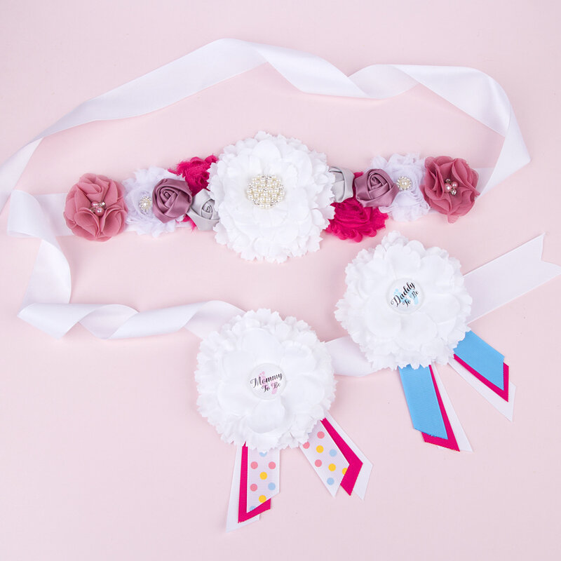 New 3pcs/set Fashion Women White Flower Sash Belt Maternity Floral Waistband with Badge Wedding Bridal Sash Belt