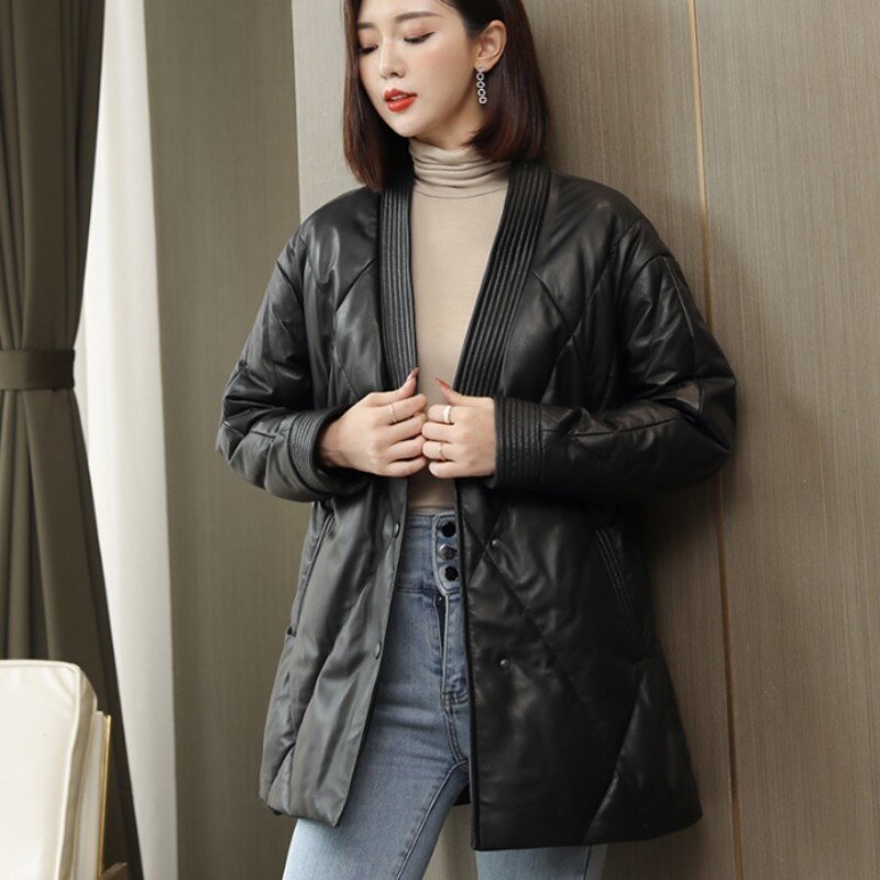 High quality sheepskin genuine leather down women's jacket with one v-only cleavage breasted cardigan belt warm winter jacket