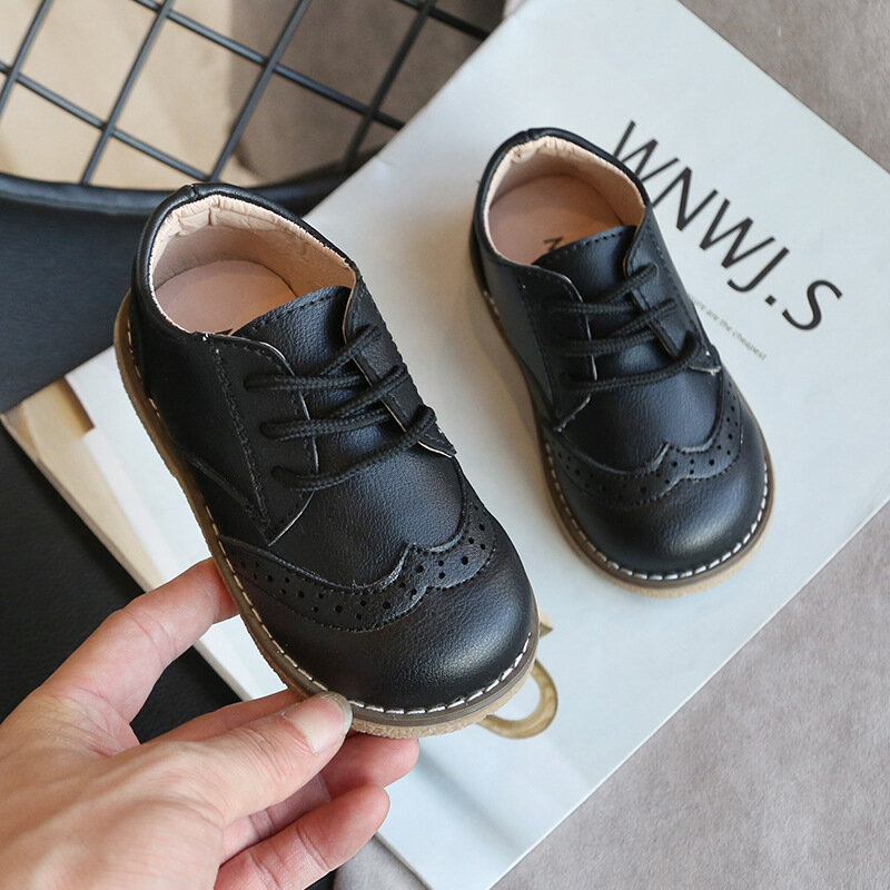 Zapatos Brogue de cuero con cordones para niños y niñas, calzado Formal Oxford informal, antideslizante, suave, uniforme de bebé, zapatos de vestir, novedad